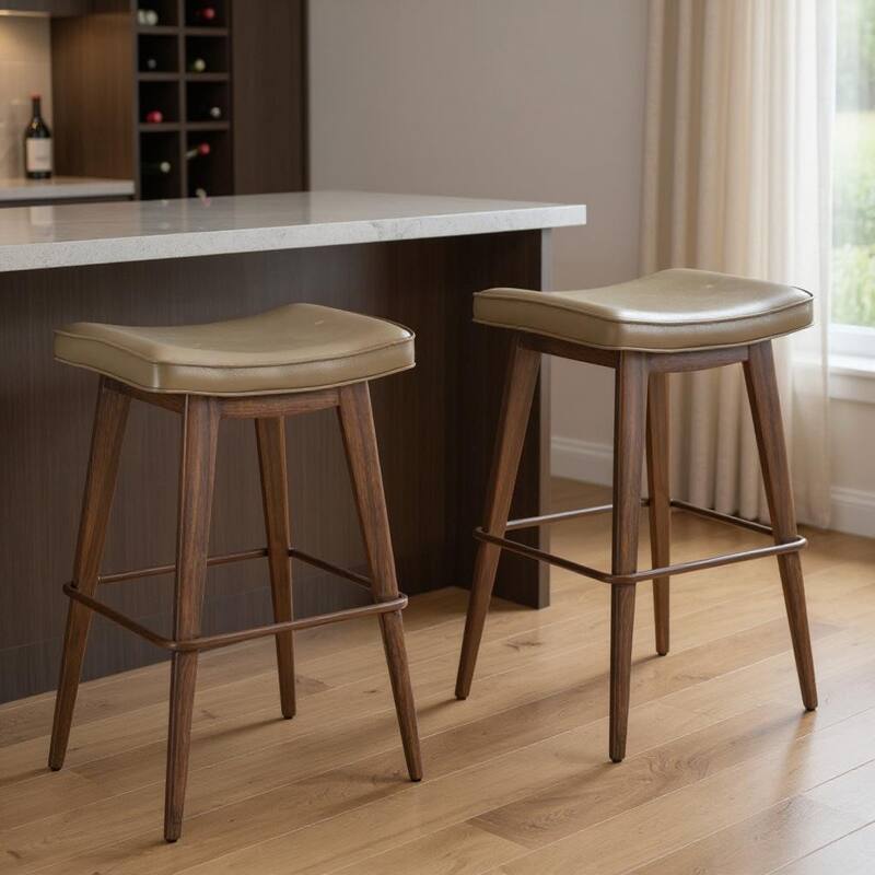 HomeRoots Set of Two 31" Taupe and Walnut Faux Leather and Steel Backless Bar Height Bar Chairs - Bar Height - Taupe - Set of 2