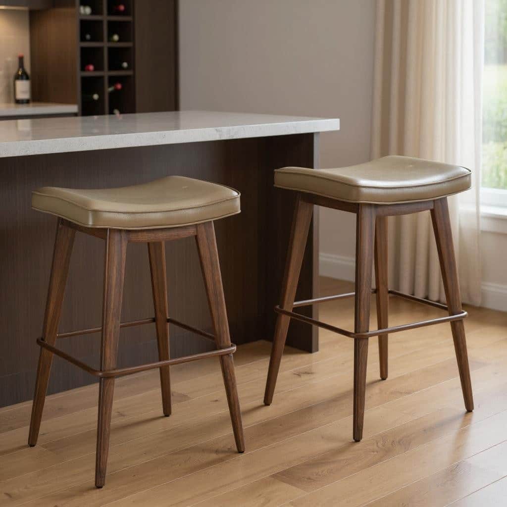 HomeRoots Set of Two 31" Taupe and Walnut Faux Leather and Steel Backless Bar Height Bar Chairs
