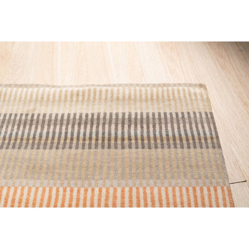 Stripe/Beige Hand Knotted Wool Modern Knotted Striped Rug, 9' x 12', soft stylish area accent - L