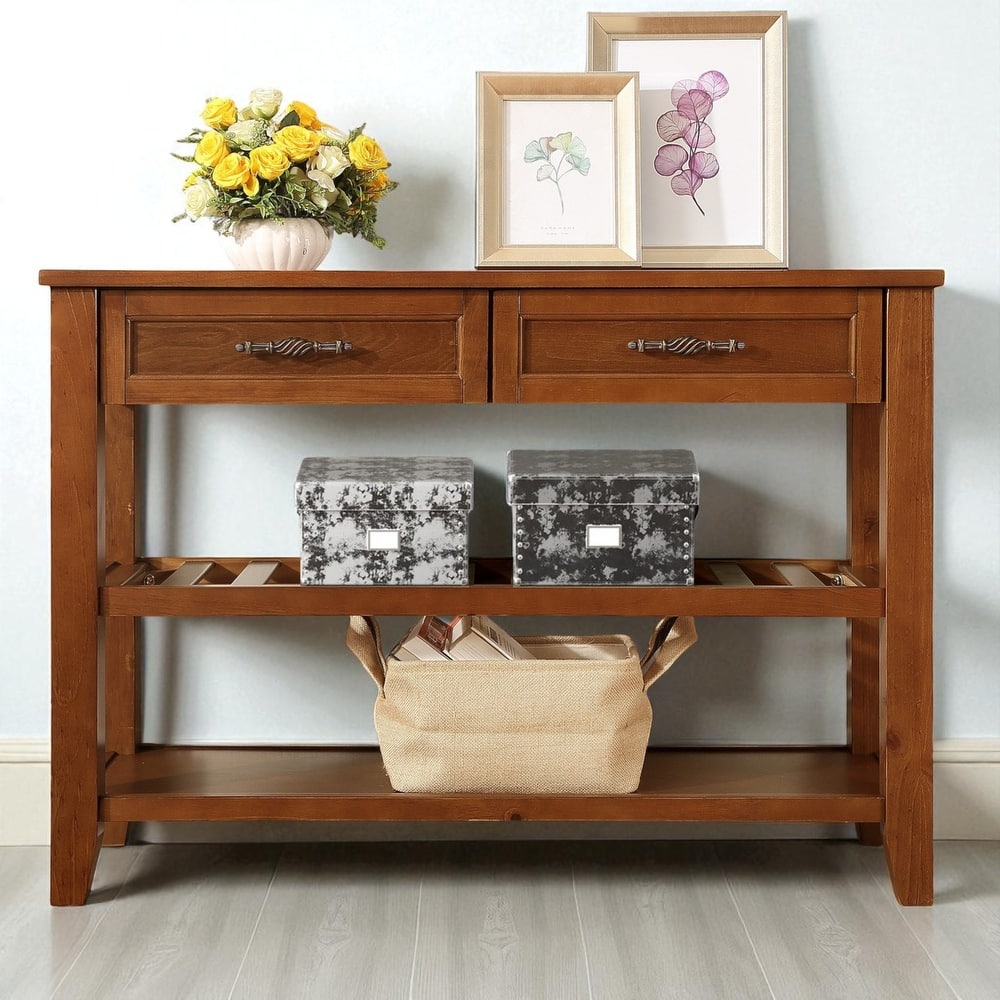 Mid-Century Console Sofa Table with Drawers and Shelves, 42 Inch Solid Wood Sideboard for Entryway and Hallway