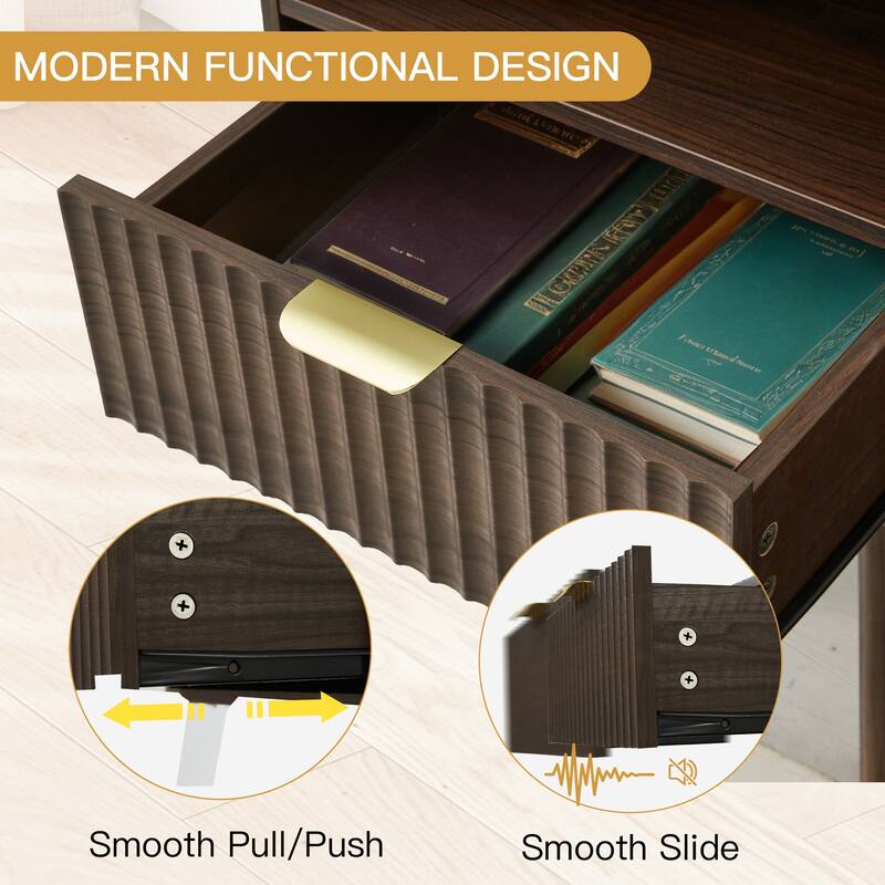 Modern Fluted Nightstand Set of 2 with USB Charging Station, Drawer and Open Storage Shelf