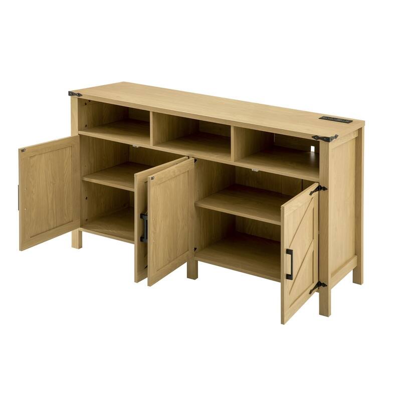 Modern 4-Door Sideboard Buffet with Power Outlets Adjustable Shelves and Half-Open Storage Design