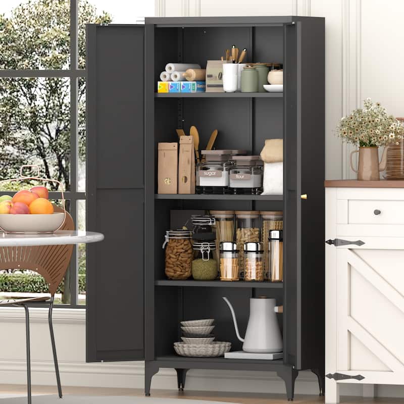 2 Doors Metal Storage Cabinet Kitchen Pantry Cabinet With Adjustable Shelves Tall Steel Cabinet Locker