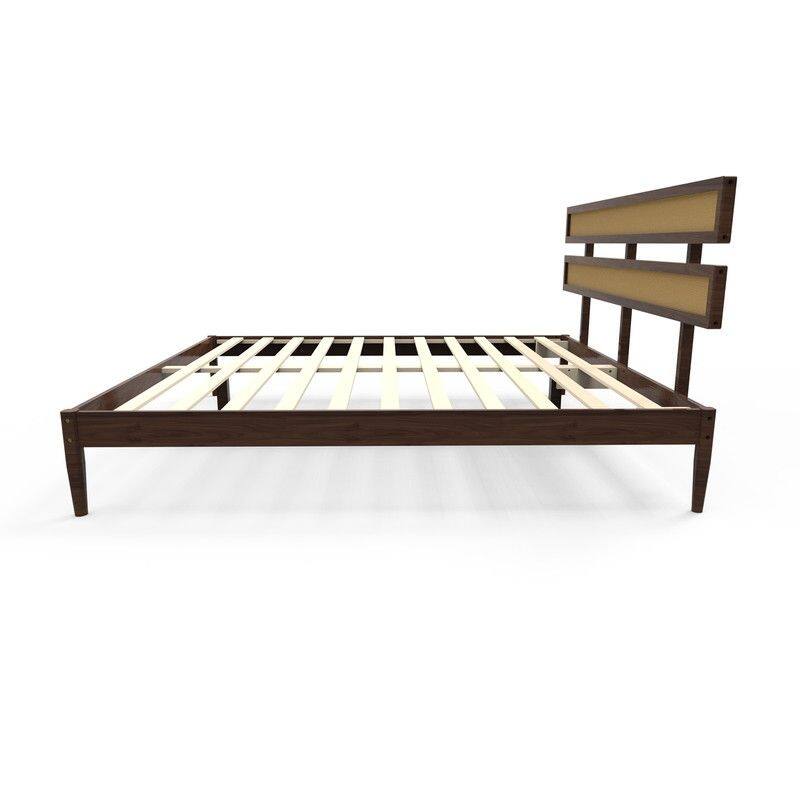 Solid Wood Full Bed Frame Platform Bedframe with Rattan Headboard