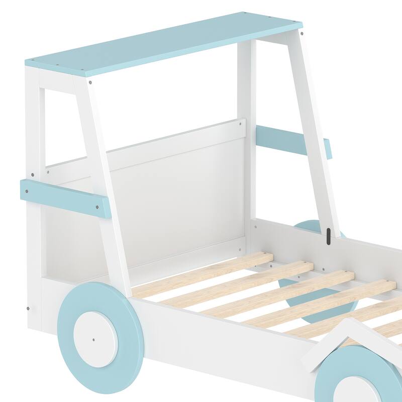 Twin Size Car Bed with Storage Shelves, Kids Platform Bed with Cute Car-shape, Childlike Design, Blue White