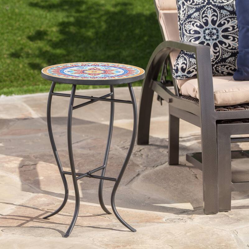 Han Outdoor Round Ceramic Tile Side Table with Iron Frame by Christopher Knight Home