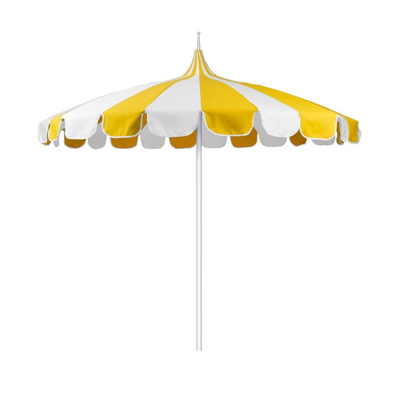 California Umbrella 8.5' Pagoda Series Patio Umbrella Silver Anodized Aluminum Pole Push Lift Sunbrella Natural & Pacific Blue