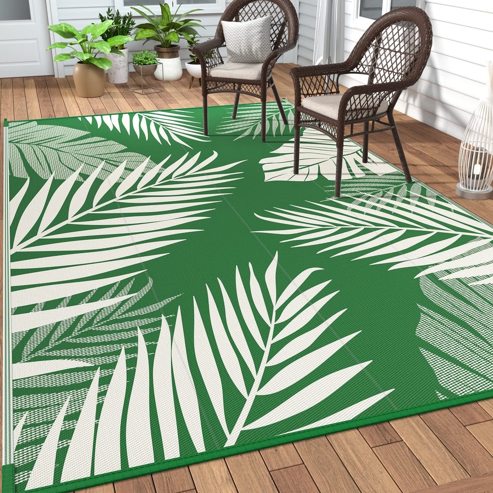 Mcow Palm Leaf Collection Reversible Woven Waterproof Outdoor Area Rug
