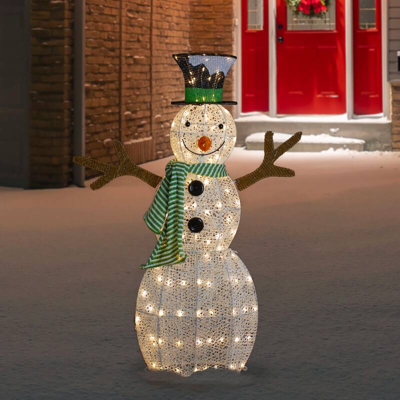 43" LED Snowman with Top Hat Green Scarf Outdoor Christmas Decoration - White