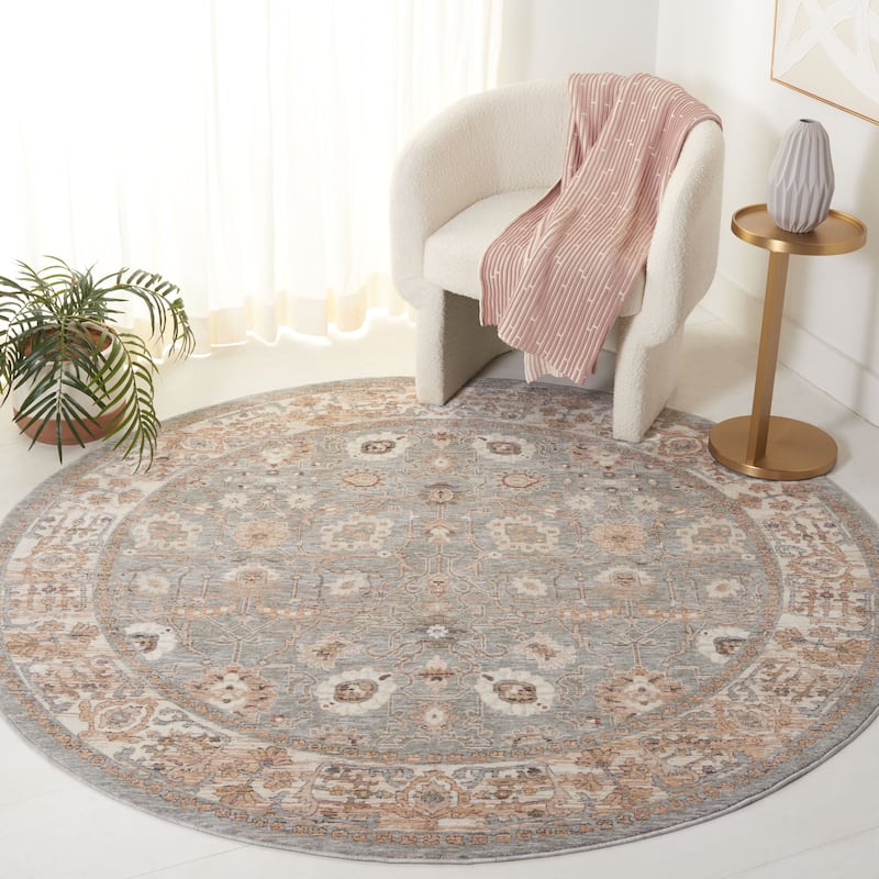 SAFAVIEH Harlow Slip Resistant Alesia Oriental Rug - 6'3" Round - Ivory Grey/Sage