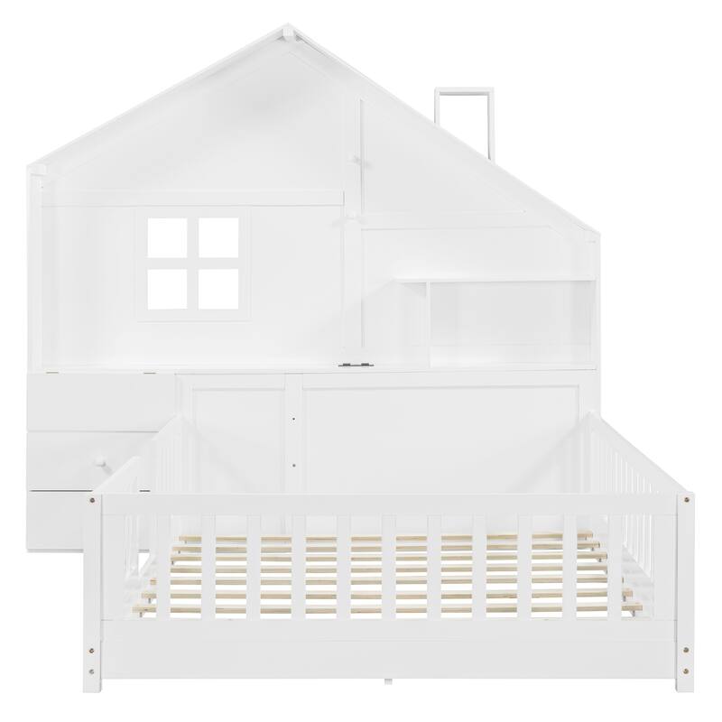 House Bed with Window and Bedside Drawers, Platform Bed with Shelves and a set of Sockets and USB Port