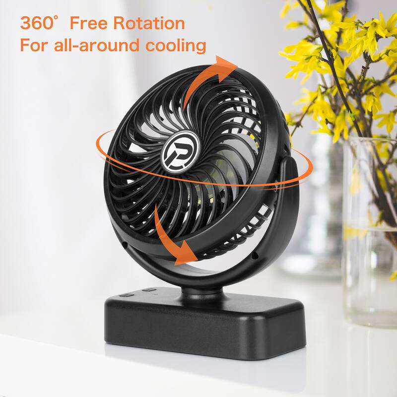 40H Time Rechargeable Battery Operated Portable Camping Fan with LED - Black