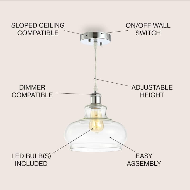 Lila 9.38" Adjustable Iron/Glass Pharmacy LED Pendant, Chrome by JONATHAN Y
