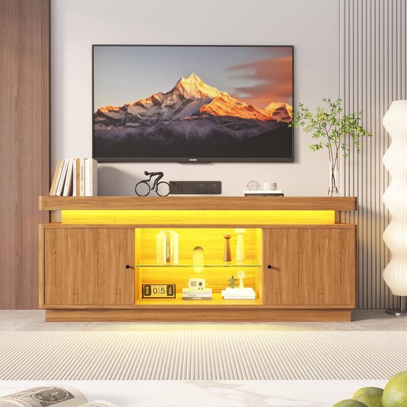 63" TV Stand, Entertainment Center with Power Outlet for Living Room - Brown
