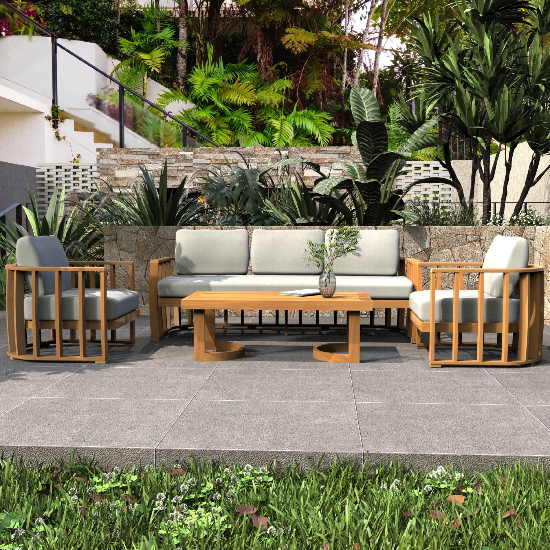 4-Piece Outdoor Acacia Wood Sofa Set with Coffee Table