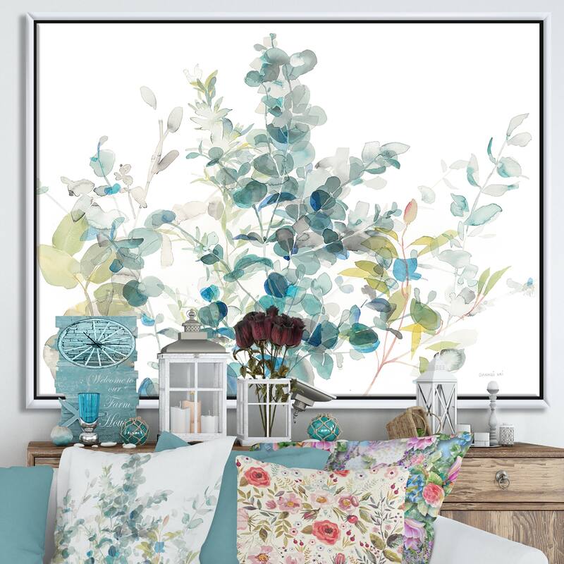 Designart "Eucalyptus Natural Element" Farmhouse Framed Canvas - Blue - 44 in. wide x 34 in. high - White