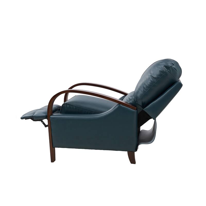 Alex Mid-century Modern Genuine Leather Manual Recliner with Wooden Curved Arms