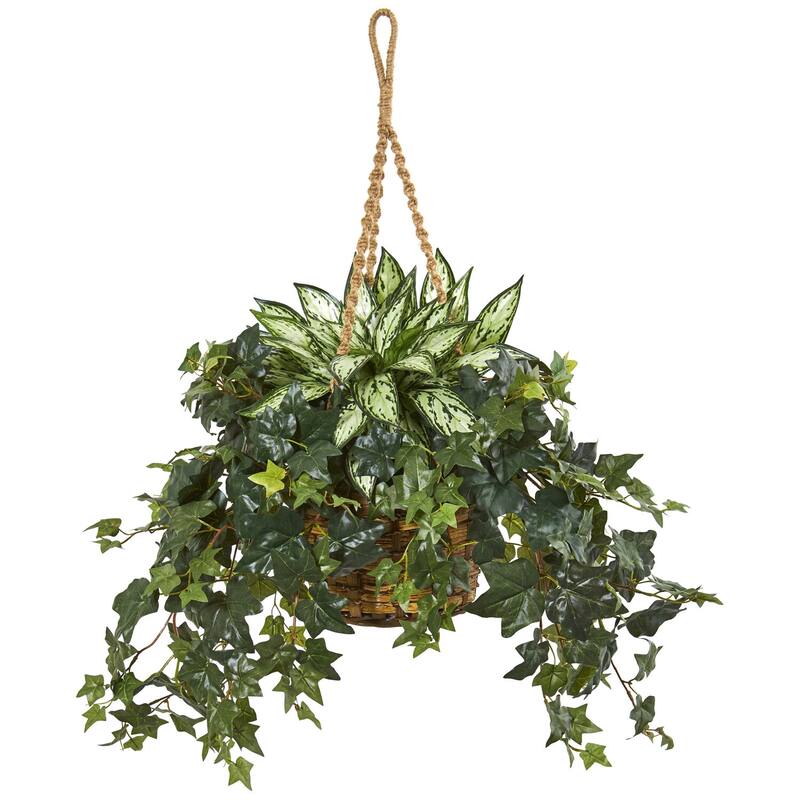 Artificial Hanging Plant - Silver Queen & African Artistry Indoor Tree - 30 Inch Realistic Faux Plant Decor - Green