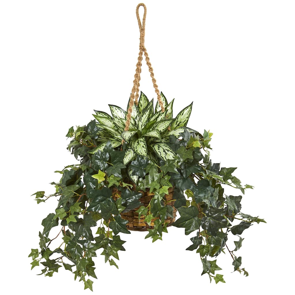 Artificial Hanging Plant - Silver Queen & African Artistry Indoor Tree - 30 Inch Realistic Faux Plant Decor - Green