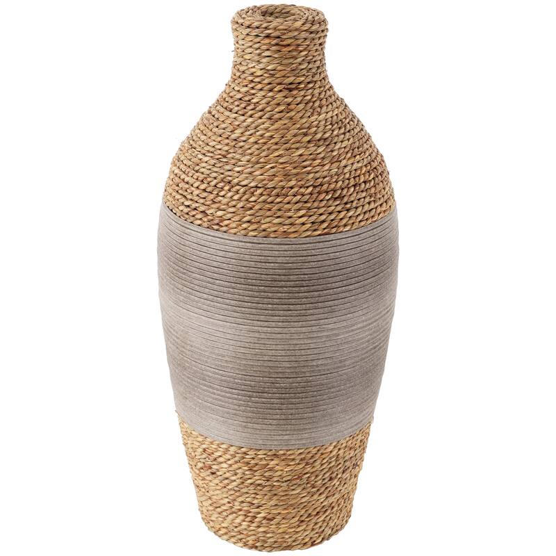 Brown Seagrass Handmade Rounded Wrapped Decorative Vase with Layered Gray Paneling