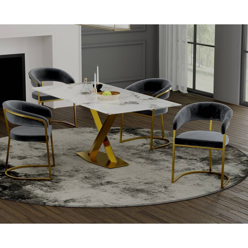 Dining Table with White Slate Marble Top and Matte Gold Base