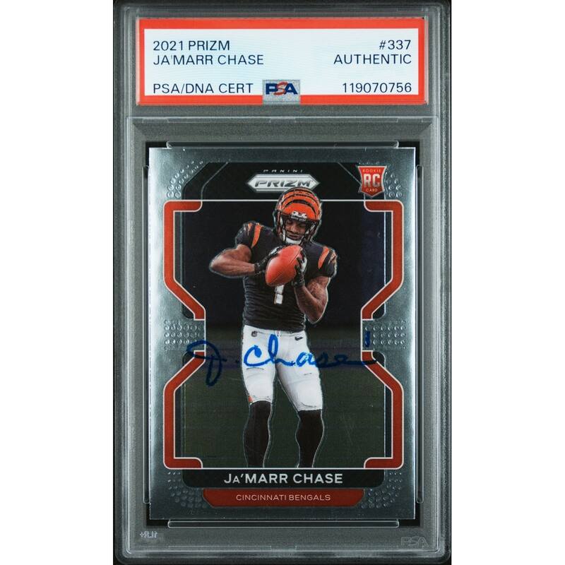 Ja'Marr Chase 2021 Panini Prizm Signed Football Rookie Card #337 Authentic Auto PSA Cert # 119070756 - 8' x 11'