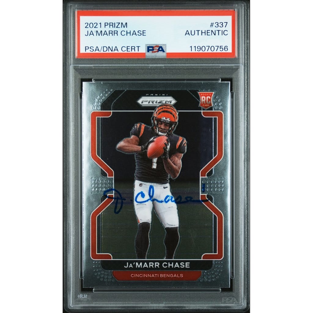 Ja'Marr Chase 2021 Panini Prizm Signed Football Rookie Card #337 Authentic Auto PSA Cert # 119070756 - 8' x 11'