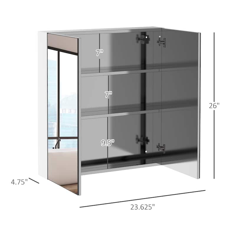 Wall-Mounted Stainless Steel Mirrored Bathroom Cabinet with 3 Shelves for Toiletries and Medicine Storage