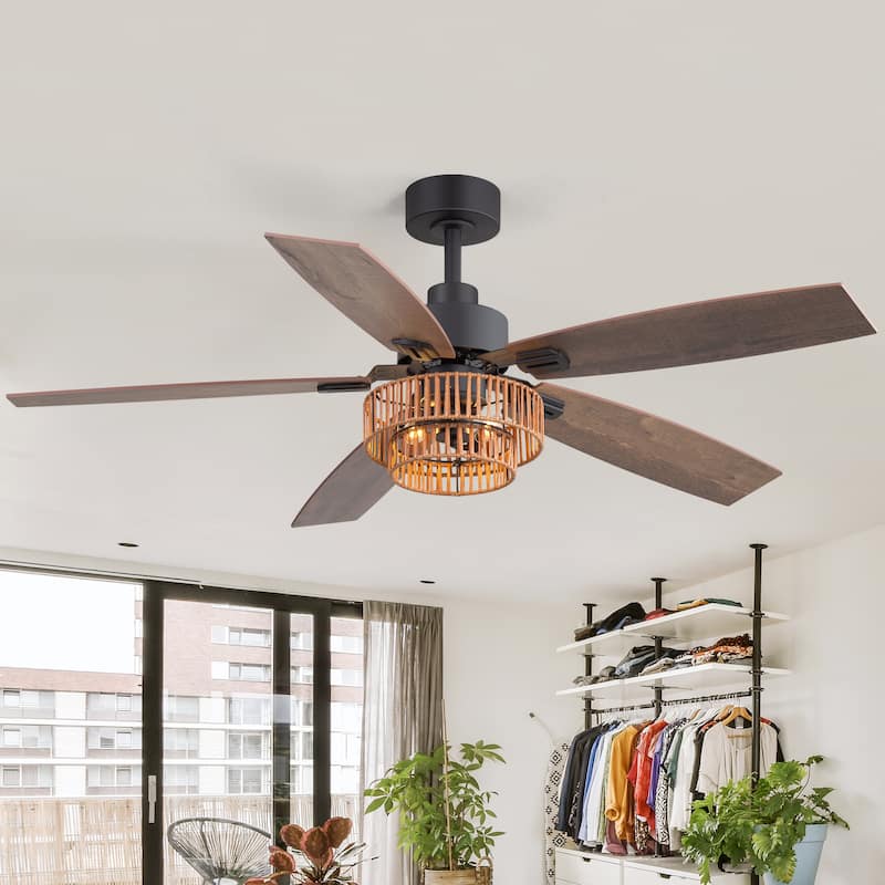 52-inch Farmhouse Ceiling Fan with Light and Remote(5 Reversible Blades）