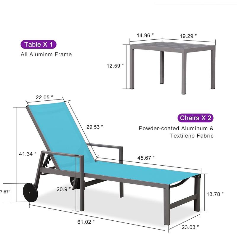 PURPLE LEAF Adjustable Patio Chaise Lounge Set 2 Pieces Lounge Chairs with Wheels and Side Table