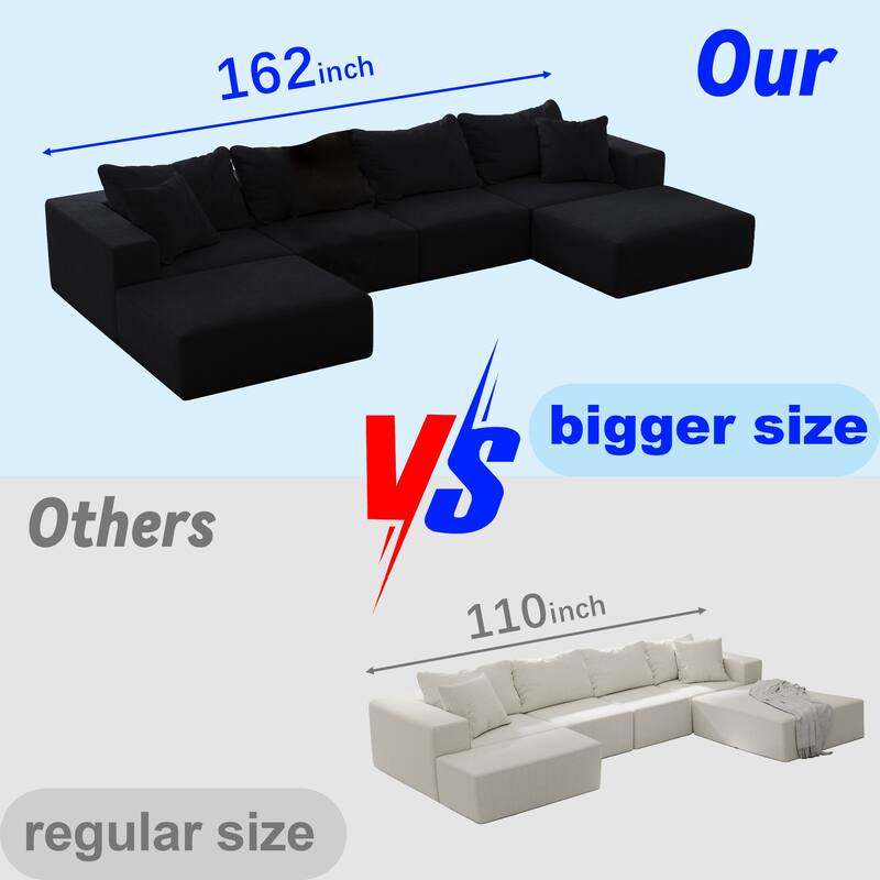 Modular L Shaped Sectional Sofa with Ottoman, Oversized Chenille Cloud Sofa, Upholstered 6 Seater Sofa with 6 Pillows - Black