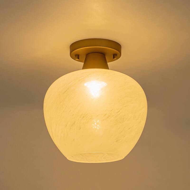 1-Light Gold Dome Flush Mount Ceiling Light with Opal Glass
