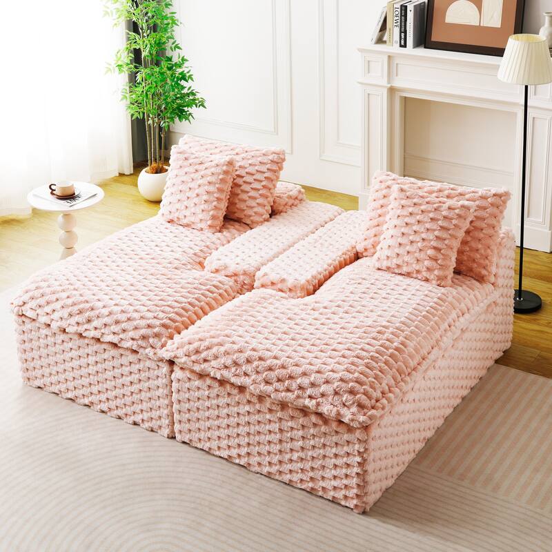 Lazy Reclining Sofa Turtle Velvet Modular Sleeper Sectional Sofa Bed with Double Chaise Lounge and Full Compressed Sponge