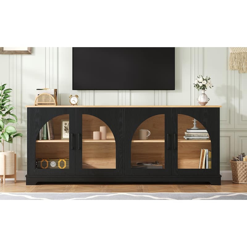 Farmhouse TV Stand with Semi-Arched Glass Doors for TVs Up to 70",Adjustable Shelves,Wood Grain Sideboard with Cable Management