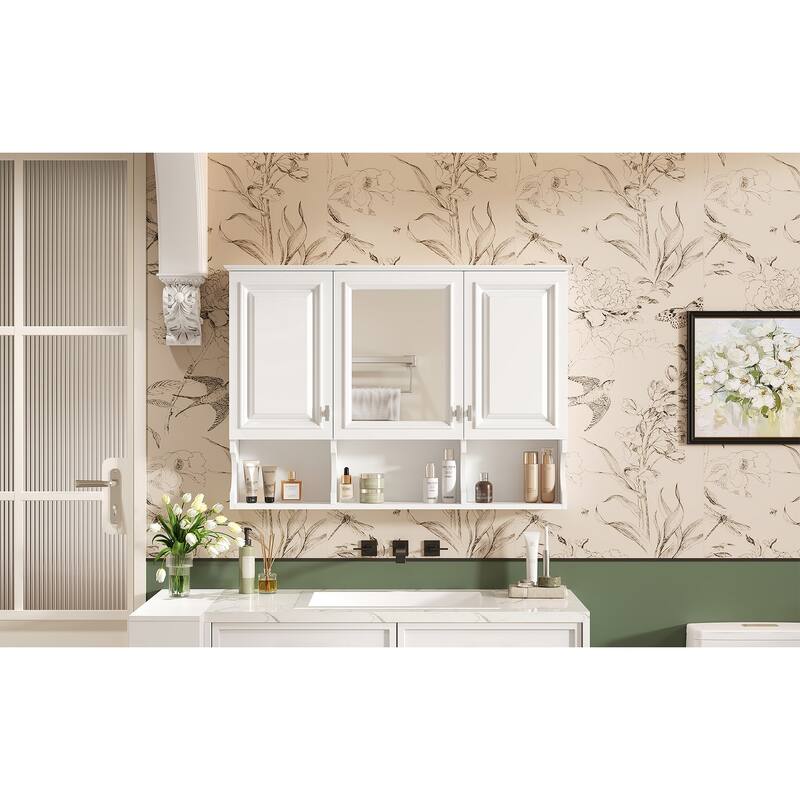 Rossetta 41'' High-Definition Mirror Bathroom Cabinet with Half-Moon Shape Open Shelves and Soft-Closing Hinges - White