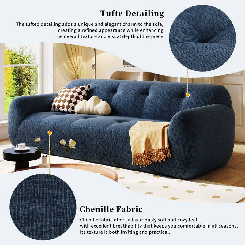 Chenille Upholstered 3-Seater Sofa with Round Arms, Lounge Couch with Tufted Cushion Full Sponge Compression Futon Sofa