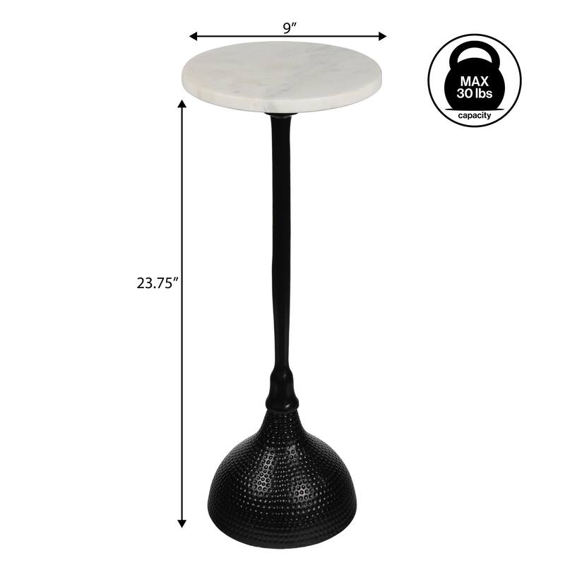 23.75″ Metal Pedestal Drink, End Table w/ White Marble Round Top & Hammered Base, By JONATHAN Y