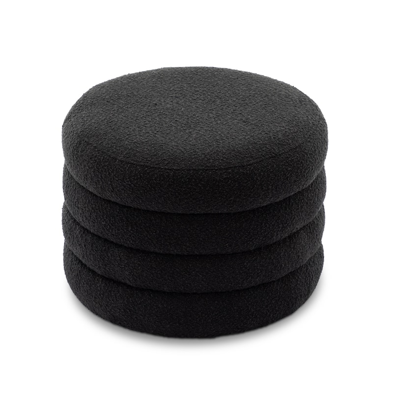 Boucle Fabric Storage Round Ottoman Footstool With Wooden Shelving