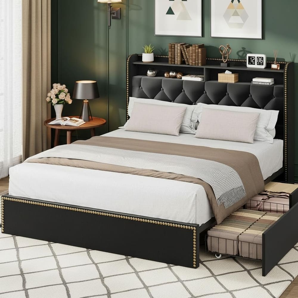 Velvet Bed Frame, with 4 Storage Drawer and Tufted Headboard