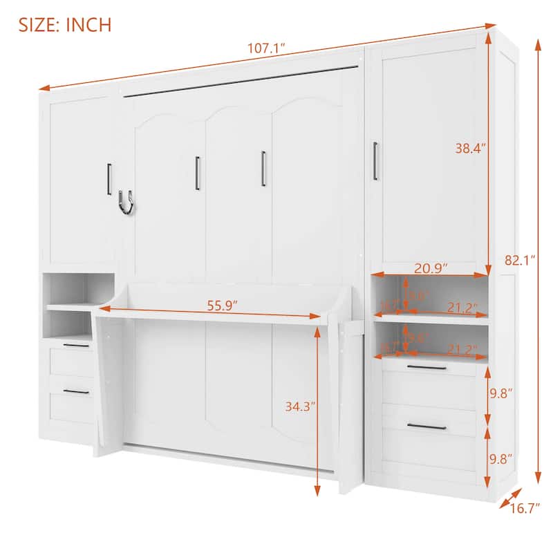 Full Murphy Bed with Built-In Wardrobe, Storage Drawers and Top Shelf, Folding Wall Bed System