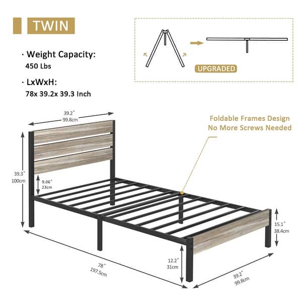 dimension image slide 1 of 3, VECELO Twin Size Kids Bed Frames Set with Headboard and Footboard 2-Pack Wooden Rail Headboard Kids Bed