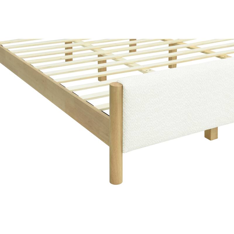 Modern White Boucle Upholstered Bed with Rubberwood Legs, Queen