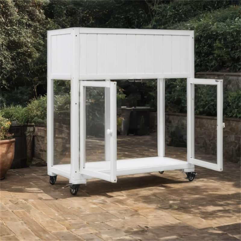 35.4" Wood Garden Greenhouse with Wheels,2 Doors and Liner