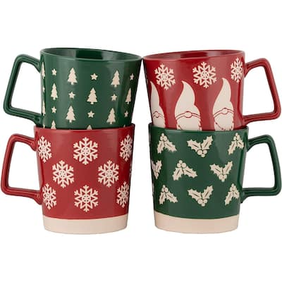 Assorted Set of 4 Holiday print Wax Resist Mugs