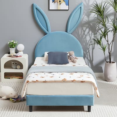 VECELO Wooden Cute Rabbit Twin Bed Frame with Upholstered Headboard, Kids Bed Frame