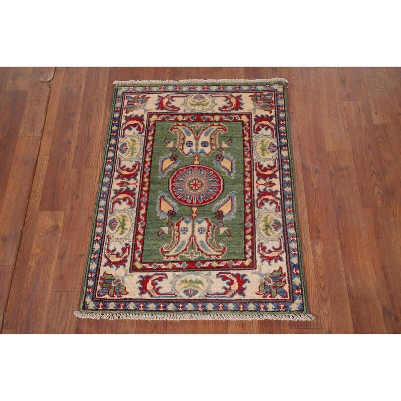 Green Geometric Kazak Foyer Rug Hand-Knotted Wool Carpet - 2'0" x 2'8"