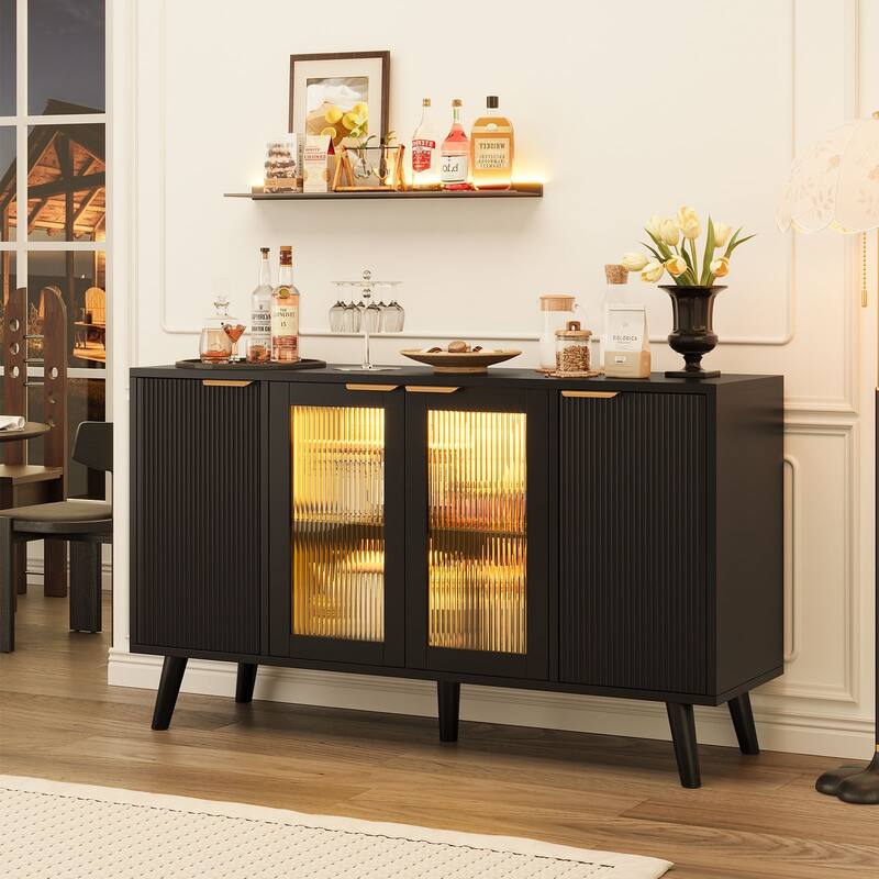 Fluted LED Sideboard Buffet Cabinet with Glass Doors, Modern Credenza Storage for Living Room, Kitchen & Entryway - Black
