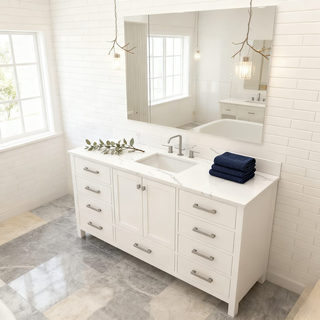 Nephelily 60 inch Transitional White Bathroom Vanity, Single Sink