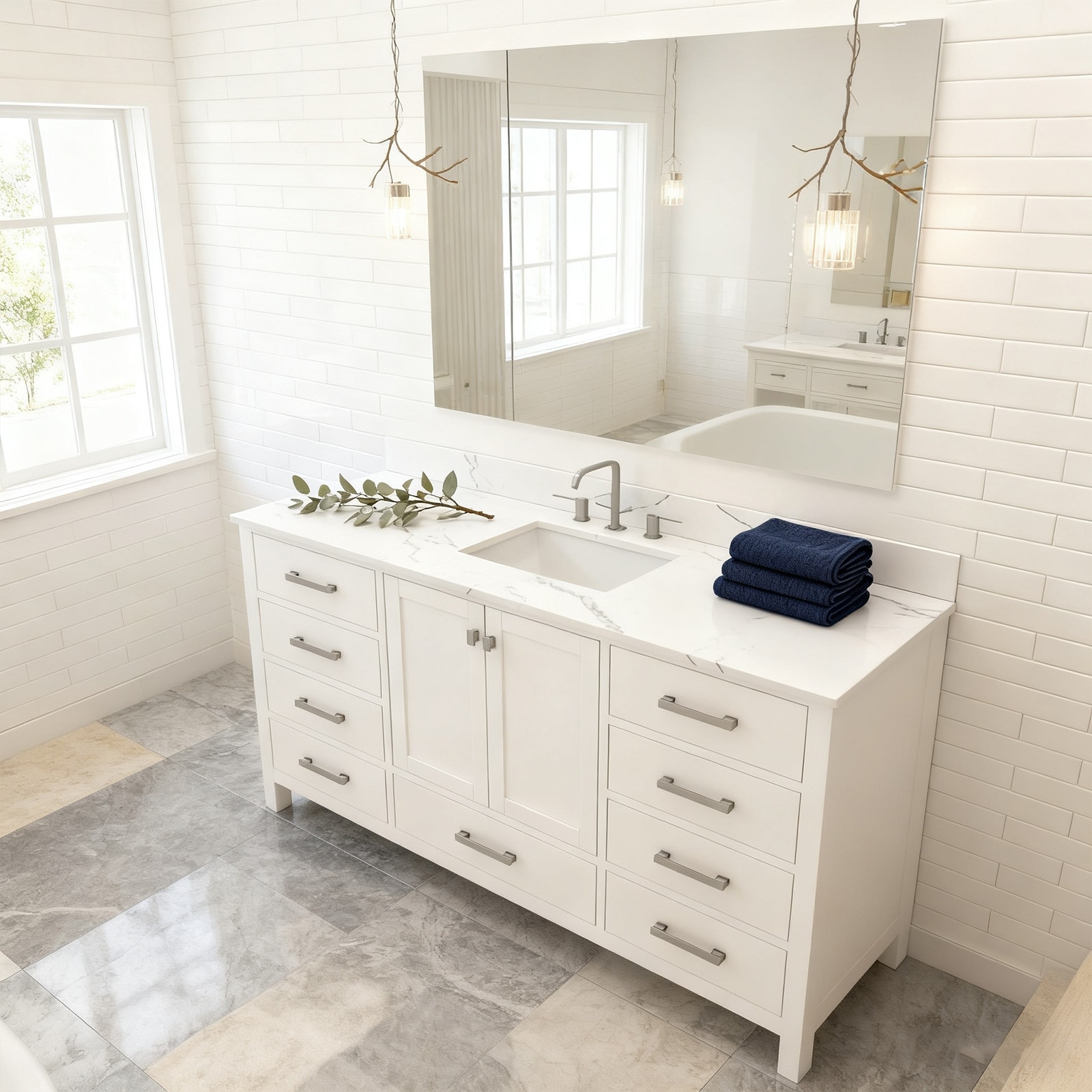 Nephelily 60 inch Transitional White Bathroom Vanity, Single Sink