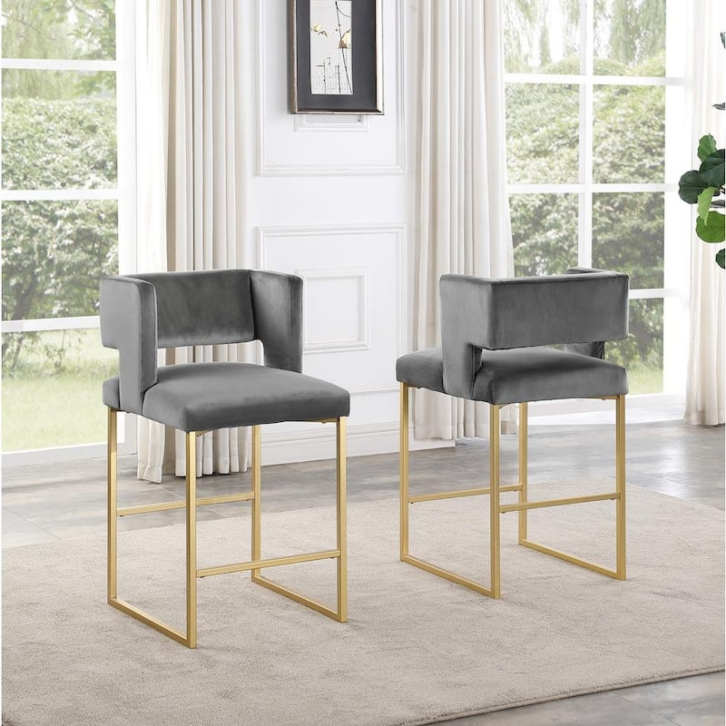 27 Inch Counter Stool Set of 2 with Soft Padded Gray Velvet Upholstery, Gold Metal Legs, Kitchen Side Stool - Gray+Yellow